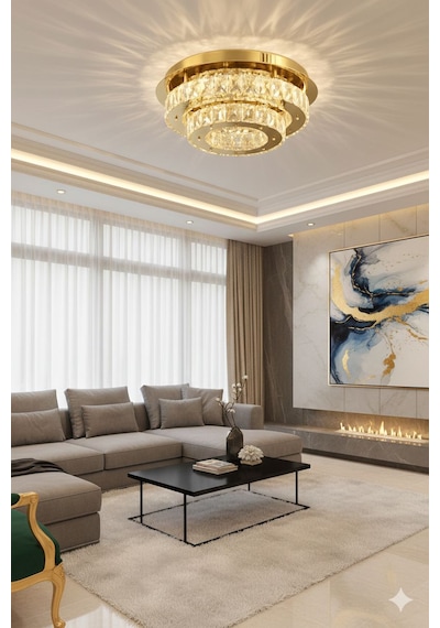 Livora Lighting Ahu Kristal Taşlı 3 Kademeli Modern Ledli Salon Avize Gold Altın - Gold
