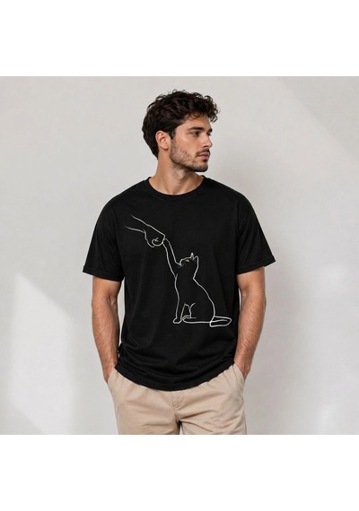 Barlashive Erkek Minimal Kedi Çizim Baskılı Tişört Kısa Kol Yazlık T-shirt - Siyah Çok Renkli