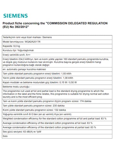 Siemens iQ300 WQ42A201TR 9 KG Isı Pompalı Kurutma Makinesi
