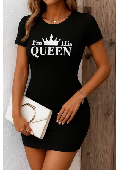 Butik İstanbul Kadın Kısa Kollu Queen Baskı Iki Iplik Mini Elbise Siyah