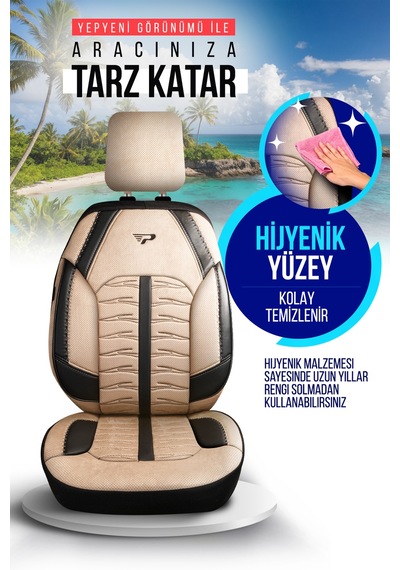 Bej - Siyah Panda Barbados Serisi Alkantra Kumaş Oto Koltuk Kılıfı - Tam Set