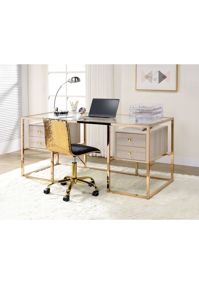 Trinity Gold Metal & Ahşap & Cam Çalışma Masası Titanyum Kaplama
