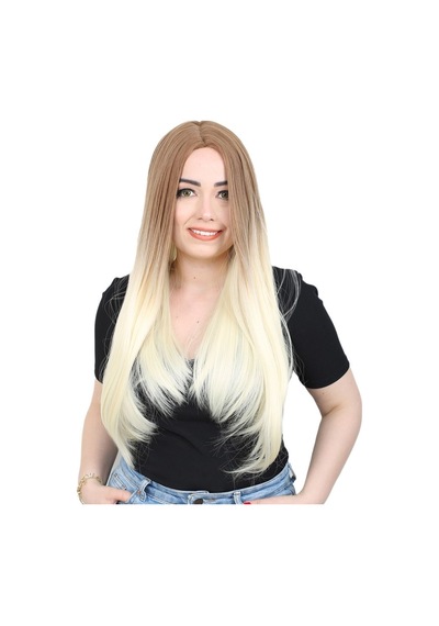 Fiber Sentetik Uzun Düz Peruk - Balköpüğü / Platin Ombreli