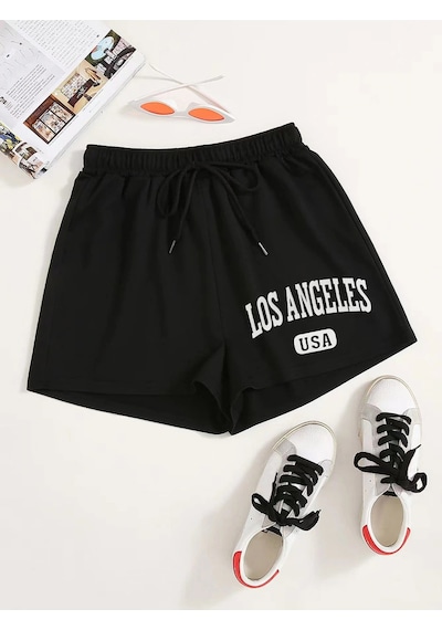 Letter Graphic Drawstring Şort Siyah