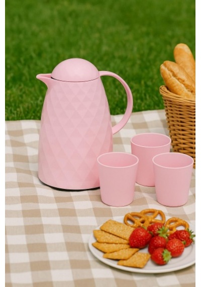1 Lt Akrilik Soft Pembe Çay Termosu 12 Saat Sıcak 24 Saat Soğuk Beyaz - Şeffaf