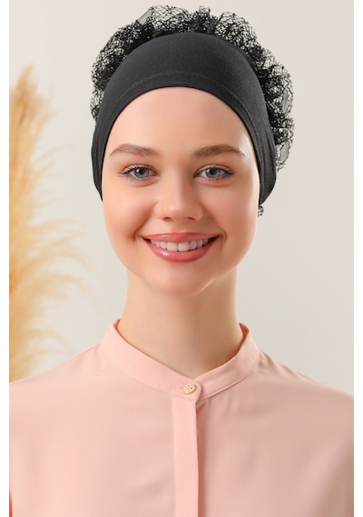 Melodi Scarf Kadın Tesettür Önü Dikişsiz Fırfırlı Penye Bone Siyah