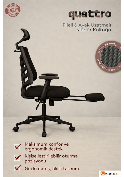 Quattro Fileli Müdür Koltuğu Ayak Uzatmalı Çalışma Koltuğu Siyah Genel