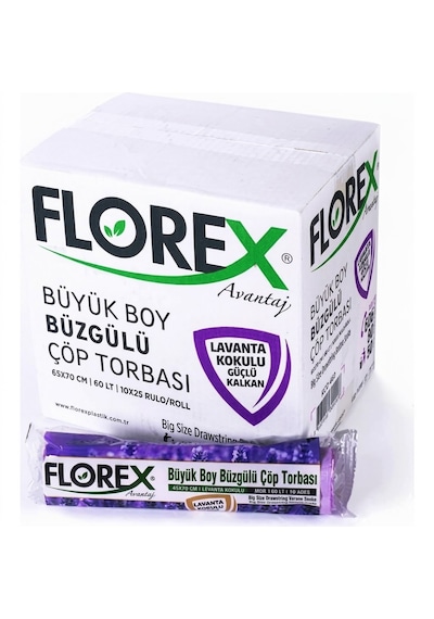 Şeylişeyler - Florex Büyük Boy Çöp Torbası Lavanta Kokulu Büzgülü 65x70 10lu 20 Paket