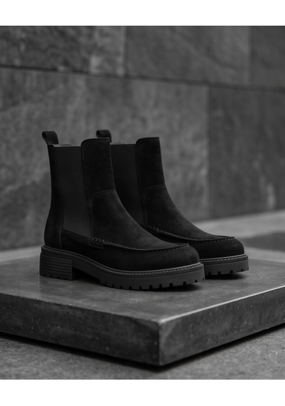 Futsishoes Freya Siyah Hakiki Süet Deri Lastikli Kalın Taban Günlük Şık Kadın Bot