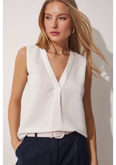 Trendallmoda V Yaka Kolsuz Dökümlü Saten Krep Bluz Beyaz