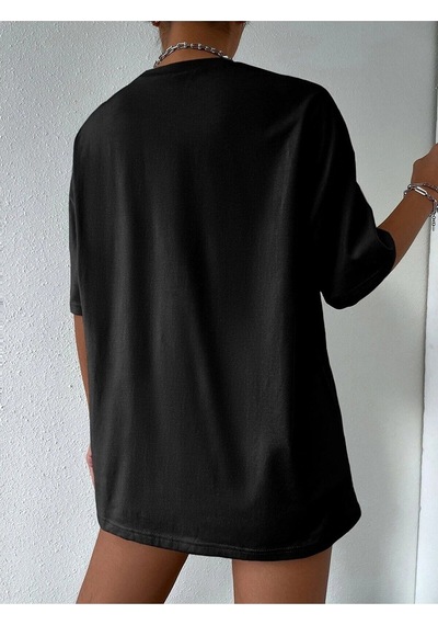 Flood Of Style Kadın Çizgili Figür Oversize Siyah T-shirt
