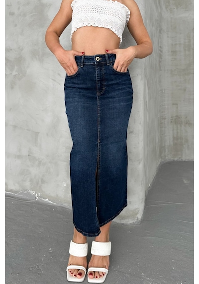 HLT Jeans Koyu Mavi Kadın Regular Fit Yüksek Bel Uzun Maxi Boy Denim Kot Etek Merry-4095 Koyu Mavi