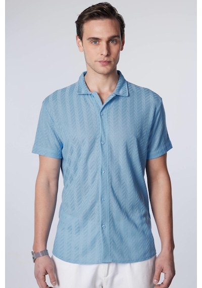 Tudors Slim Fit Dar Kesim Kısa Kollu Nefes Alan Örme Doku Armür Desenli Yazlık Mavi Erkek Gömlek-31003-mavi Mavi
