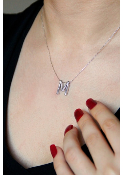 925 Ayar Gümüş M Harfi Kolye - 23090402 Gümüş