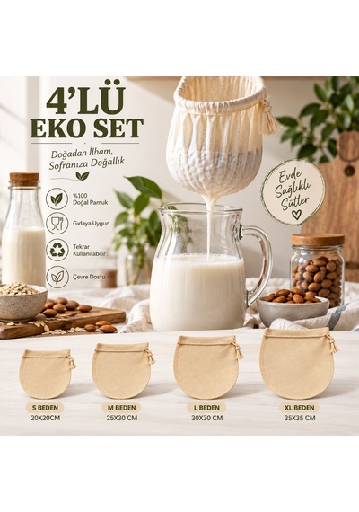 Halm 4 Lü Eko Set Pamuk Süzme Torbası Badem Ve Yulaf Sütü, Süzme Yaoğurt, Lor Ve Kese Peyniri Yapımı İçin Süzgeç S-m-l-xl Bej