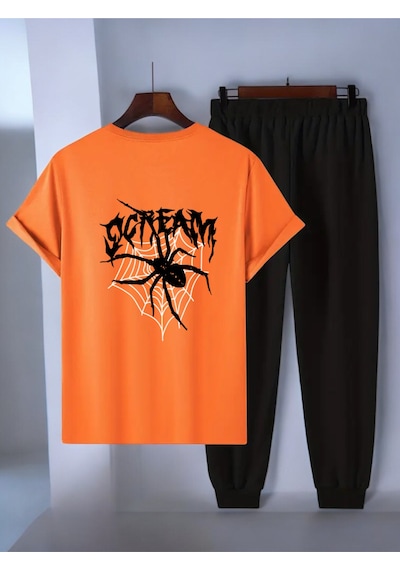 Uyguntarz Unisex Scream Siyah Tasarım Basklı Tshirt Eşofman Takımı Turuncu