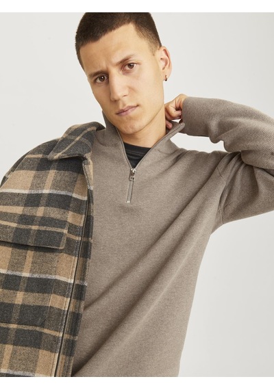 Jack & Jones Erkek Yarım Fermuarlı Örme Kazak - Milano Greige Çok Renkli