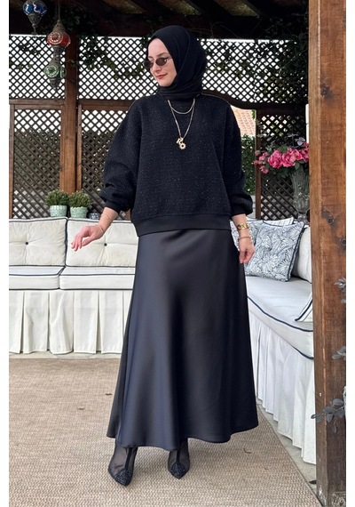 Rabia Şamlı Tanem Tüvit-saten Etekli Takım Siyah Normal