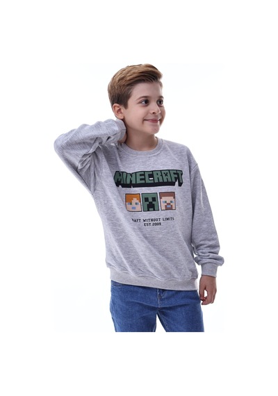 Minecraft Baskılı Erkek Çocuk Sweatshirt Gri Gamer Oyun Temalı Gri