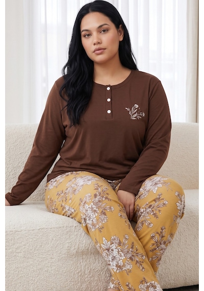 Siyah İnci Düğmeli Pamuklu Likralı Büyük Beden Battal Boy Örme Pijama Takım 26240958 Kahverengi