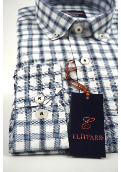 Elitpark Plaid Mavi Gri Desenli Pamuklu Cepli Uzun Kol Premium Erkek Gömlek