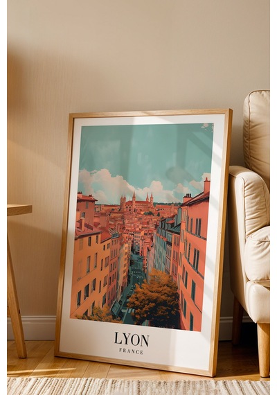 Lyon France Vintage Seyahat Posteri Çerçeveli Tablo - Premium Fransız Mimarisi Elit Duvar Dekoru Kayın