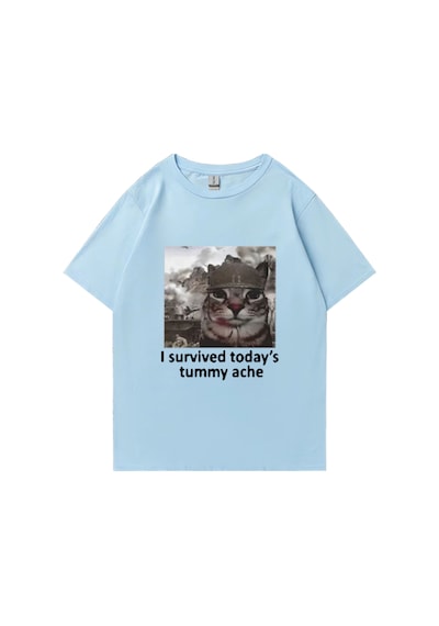 Flood Of Style Komik Kedi Bugünden Karın Ağrısını Hayatta Kaldım T Shirt Yeni Erkek Pamuklu Tişört Kısa Koll Mavi