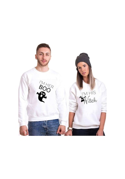 Tshirthane Boo Witch Sevgili Kombinleri Unisex Sweatshirt Kırık Beyaz