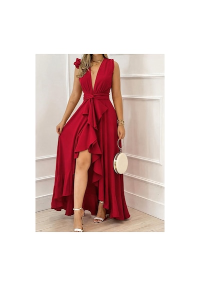 Butik İstanbul Kadın Askılı Kruvaze Yakalı Önü Volanlı Uzun Krep Elbise Kırmızı