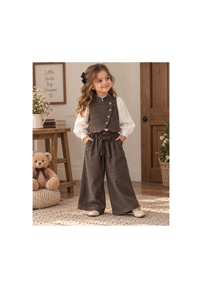 Ministok Celeste Kız Çocuk Yelek Gömlek Pantolon 3'lü Takım Kahverengi