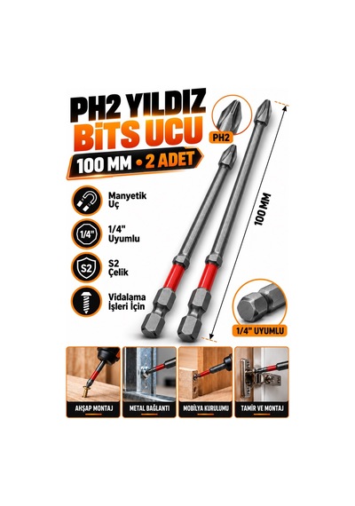 Ph2 Yıldız Uzun Bits Uç 100 Mm 2 Adet Mıknatıslı S2 Çelik 1/4 İnç Altıgen Şaftlı Vidalama Ucu