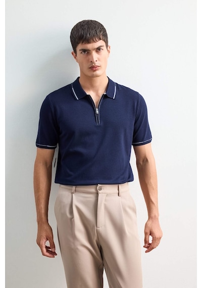 Defacto Standart Fit Polo Yaka Fermuarlı Triko Kısa Kollu Tişört D6199AX24HS Lacivert