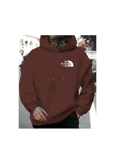 Herkesemoda Göğüs Baskı Yazı Detaylı İçi Polarlı Kapüşonlu Sweatshirt Kahverengi