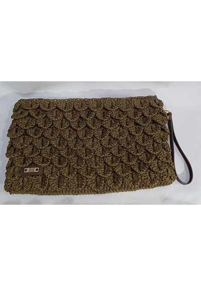 Özel Desenli Örgü Clutch Çanta Haki Yeşil