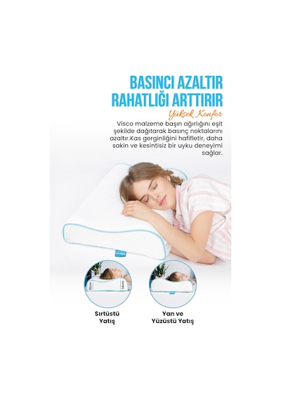 Viscofoam Yüksek Boyun Destekli Ortopedik Yastık Çift Boyun Destekli Visco Yastık - 60x40x14-12cm