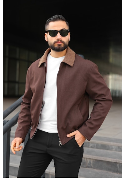 Kadife Yakalı Trucker Model Ceket Kahverengi