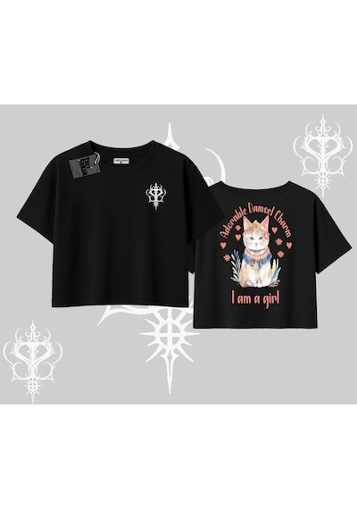 Tarzsokak Cute Princess Kedi Tasarımlı Arka Baskılı Oversize Crop Tshirt Siyah