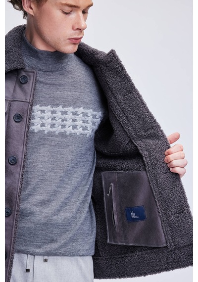 Hatemoğlu Gri Slim Fit Bebe Yaka Deri Mont