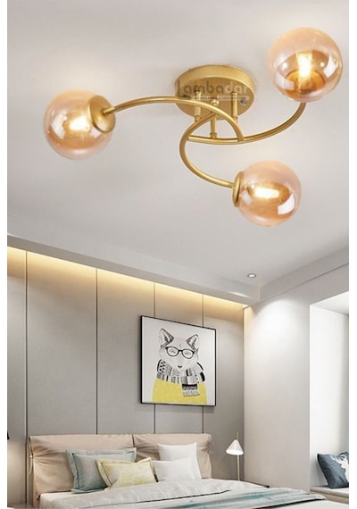 Luxury Model Plafonyer Üçlü Gold Modern Bal Camlı Avize