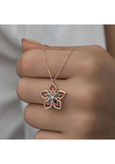 Gümüş Rose Renkli Taşlı Çiçek Kadın Kolye