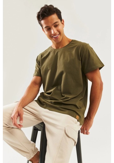 Erkek Oversize Rahat %100 Pamuklu Penye Bisiklet Yaka Kısa Kol Basic T-shirt Classic Collection Haki