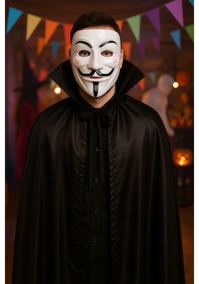 Cadılar Bayramı Vendetta Maske Ve Siyah Yakalı Pelerin 120 Cm Kostüm Seti Parti Aksesuarı Çok Renkli