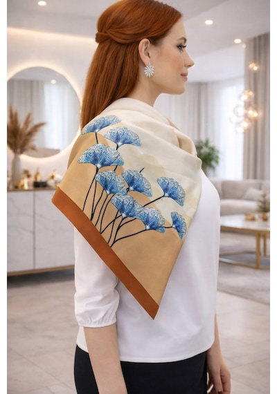 Tarzını Seç Kahverengi Ginkgo Fular / Bandana / Aksesuar / Şal / Eşarp 70x70