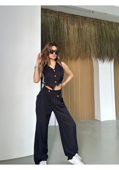 Hgfashion Kadın Yelek Pantolon İkili Takım Siyah Renk Siyah