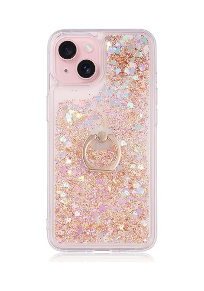 Flody Apple  Uyumlu iPhone 15 Kılıf Sulu Simli Akışkan Silikon Yüzüklü Gold