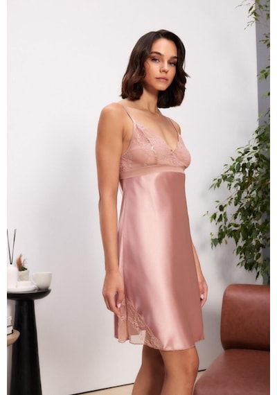 Pierre Cardin Brandy Saten Dantelli Kadın Gecelik Sabahlık Takımı 4510 Brandy