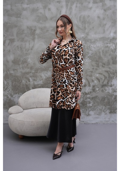 Polologin Butik Leopar Desenli Gömlek Tunik Kahverengi & Siyah & Bej