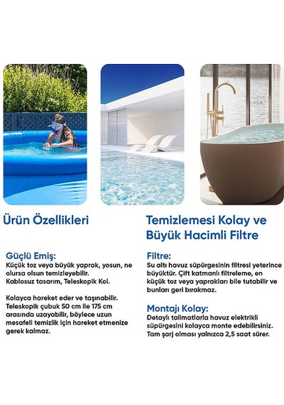 Yousky - Yeni Şarjlı Havuz El Süpürgesi - İlave 2 Sap Hediyeli