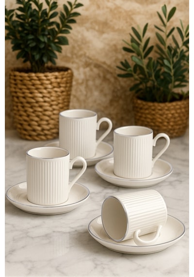 12 Parça 6 Kişilik Stackable Çizgili Gümüş Yaldızlı Kahve Fincan Takımı - Kahve Fincanı Seti 100ml Gümüş Beyaz