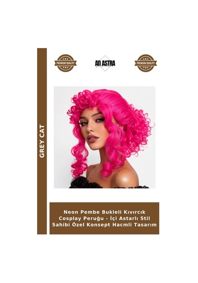 Neon Pembe Bukleli Kıvırcık Cosplay Peruğu - İçi Astarlı Stil Sahibi Özel Konsept Hacmli Tasarım